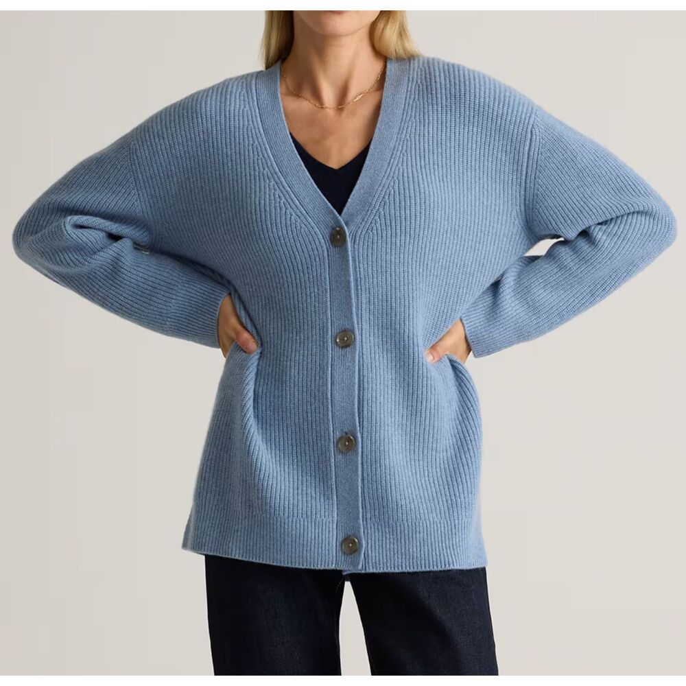 Quince Mongolian Cashmere Faded Denim Oversized Boyfriend Cardigan Sweater M